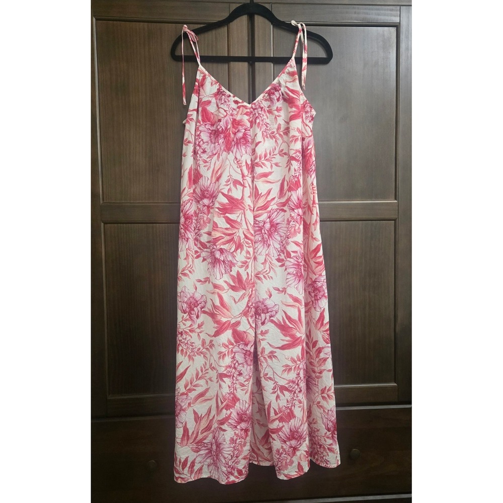 HM Pink Floral Toile Cotton Maxi Dress Tie Strap Womens Small V-Neck Summer - Picture 9 of 13